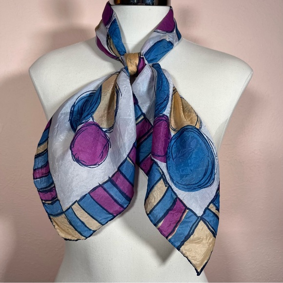 Vintage 40 50 Retro MOD Large Circle Dot Magenta Blue Large Square Scarf - Picture 10 of 17